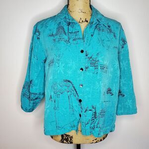 Chico's Silk Linen Blend  Novelty Print Button Down Size 2 (Size L)